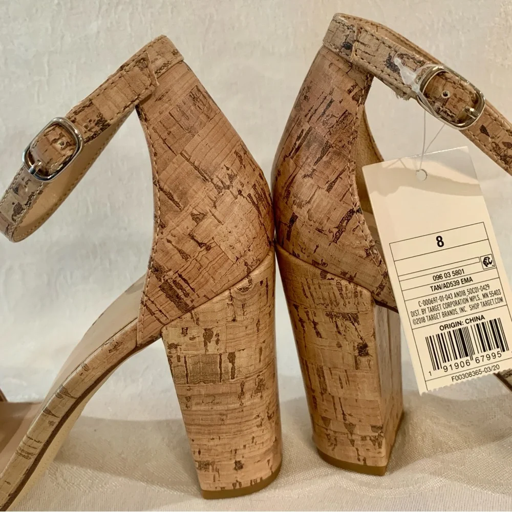 Sexy Ankle Strap 3.75” High Block Heel Open Toe Sandals Faux Cork Design Size 8 - Picture 6 of 15